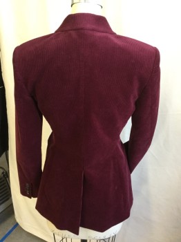 Womens, Blazer, THEORY, Red Burgundy, Maroon Red, Cotton, Elastane, Solid, 4, Corduroy, Notched Lapel, Single Breasted, Maroon Lining, 1 Button Front, 2 Pockets, Long Sleeves, 1 Split Back Center Hem