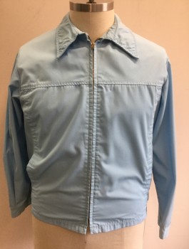 Mens, Windbreaker, JC PENNEY, Baby Blue, Poly/Cotton, Solid, 44, Zip Front, Collar Attached, Yoke Across Chest, 2 Pockets, Self Straps/Buckles at Side Waist,
