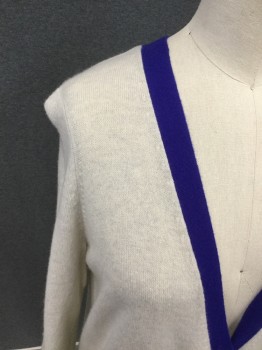 Womens, Sweater, AUTUMN CASHMERE, Oatmeal Brown, Royal Blue, Cashmere, Color Blocking, Heathered, XS, Heather Oatmeal Body, Royal Blue Placket/Cuff, V-neck, Button Front, 2 Pockets, Ribbed Knit Waistband/Cuff