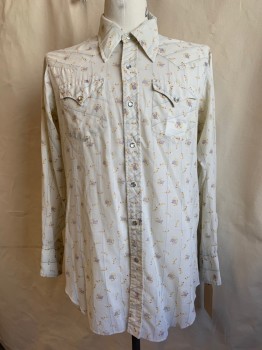 Mens, Western Shirt, H BAR C, Off White, Gray, Yellow, Purple, Poly/Cotton, Floral, Stripes - Vertical , 17/34, Western Yolk, Snap Button Front, Collar Attached, 2 Flap Pockets with Snap Closure,