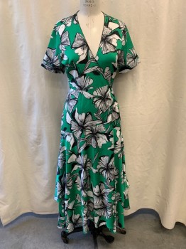Womens, Dress, Short Sleeve, ALEXIS, Green, White, Black, Poly/Cotton, Floral, M, V-neck, Short Sleeves, Wrap Around Dress, Self Tie, Maxi