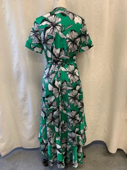 Womens, Dress, Short Sleeve, ALEXIS, Green, White, Black, Poly/Cotton, Floral, M, V-neck, Short Sleeves, Wrap Around Dress, Self Tie, Maxi