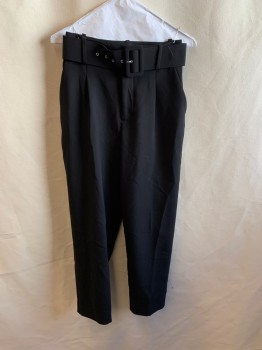 Womens, Slacks, ZARA, Black, Polyester, Solid, W23, Pleated Front, 4 Pockets, Large Belt with Large Buckle