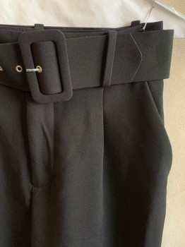Womens, Slacks, ZARA, Black, Polyester, Solid, W23, Pleated Front, 4 Pockets, Large Belt with Large Buckle