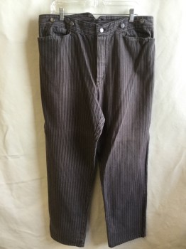 Mens, Historical Fiction Pants, FOX 32/WAH MAKER , Lt Gray, Faded Black, Cotton, Stripes - Vertical , 34/35, 2" Waistband with 7 " WAH MAKER USA" Silver Button, Flat Front, Silver Button Front, 4 Pockets, Short Belt with Silver Metal Buckle