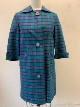 NL, Teal Green, Indigo Blue, Black, Nylon, Cotton, Plaid, Peter Pan Collar, Single Breasted, Button Front, 2 Pockets, Cuffed *Stained at Back