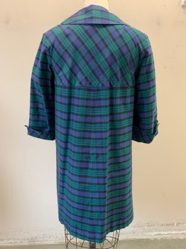 Womens, Coat, NL, Teal Green, Indigo Blue, Black, Nylon, Cotton, Plaid, B: 38, Peter Pan Collar, Single Breasted, Button Front, 2 Pockets, Cuffed *Stained at Back