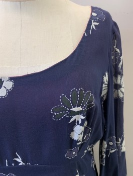 COCO OF CALIFORNIA, Navy Blue, White, Cotton, Floral, Scoop Neck, L/S, Back Zipper, Long, Ruffled Hem
