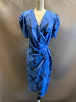 Womens, Dress, VISIONZ, Cornflower Blue, Black, Polyester, Leaves/Vines , W26, B32, Deep V-N, S/S, 3 Buttons on Left Waistband, Pleated