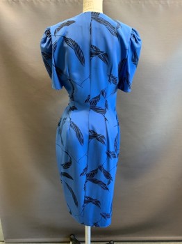 Womens, Dress, VISIONZ, Cornflower Blue, Black, Polyester, Leaves/Vines , W26, B32, Deep V-N, S/S, 3 Buttons on Left Waistband, Pleated