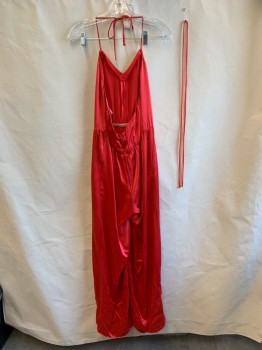 Womens, Jumpsuit, JJ & CA, Red, Acetate, Solid, W26-30, B:36, H:40, Satin, Halter, V-Neck, Open Back, Elastic Waistband, Wide Legs, 2 Pockets, Zip Back, **With Matching Tie Belt
