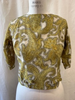 Womens, Blouse, NO LABEL, Dijon Yellow, White, Lt Gray, Synthetic, Floral, Paisley/Swirls, B: 36, High Neck, 3/4 Sleeve, Button Back, 2 Small Slits on Each Side of Hem with Bows at Top