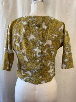 Womens, Blouse, NO LABEL, Dijon Yellow, White, Lt Gray, Synthetic, Floral, Paisley/Swirls, B: 36, High Neck, 3/4 Sleeve, Button Back, 2 Small Slits on Each Side of Hem with Bows at Top