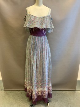 MTO, Sage Green, Raspberry Pink, Beige, Pink, Cotton, Floral, Spaghetti Straps, Pleated Layer Over Bust, Purple Waistband, Floor Length Hem