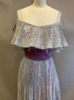 Womens, Dress, MTO, Sage Green, Raspberry Pink, Beige, Pink, Cotton, Floral, W: 22, B: 30, Spaghetti Straps, Pleated Layer Over Bust, Purple Waistband, Floor Length Hem
