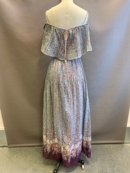 Womens, Dress, MTO, Sage Green, Raspberry Pink, Beige, Pink, Cotton, Floral, W: 22, B: 30, Spaghetti Straps, Pleated Layer Over Bust, Purple Waistband, Floor Length Hem