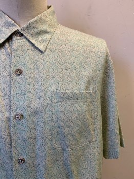 Mens, Casual Shirt, NAT NAST, Mint Green, Lime Green, Dk Green, Silk, Cotton, Leaves/Vines , Dots, XL, S/S, Button Front, Collar Attached, Chest Pocket