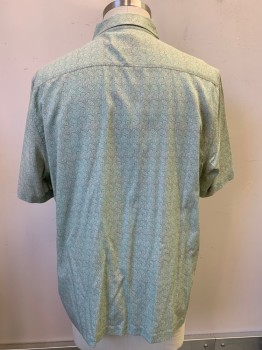 Mens, Casual Shirt, NAT NAST, Mint Green, Lime Green, Dk Green, Silk, Cotton, Leaves/Vines , Dots, XL, S/S, Button Front, Collar Attached, Chest Pocket
