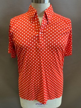 LILY DACHE, Red, White, Polyester, Polka Dots, Short Raglan Sleeves, Collar Attached, 1 Button V Shaped Placket, Clown