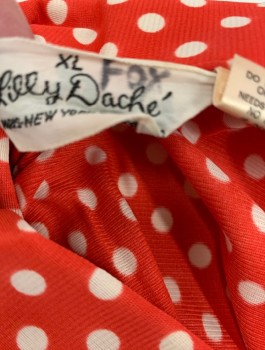 LILY DACHE, Red, White, Polyester, Polka Dots, Short Raglan Sleeves, Collar Attached, 1 Button V Shaped Placket, Clown
