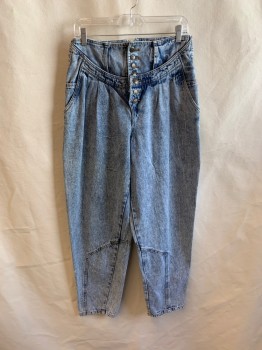 CHAC, Lt Blue, Cotton, Acid Wash, Pleated Front, 2 Pockets, Bttn. Fly, Belt Loops, Tapered Leg, 1 Button at Back