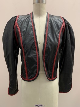 Womens, Leather Jacket, GORGE, Black, Red, Leather, Nylon, Color Blocking, B 34, 9-10, L/S, Open Front, Red Piping, Puffed Sleeves, Stitch Detail