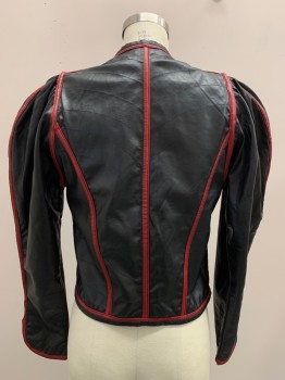 Womens, Leather Jacket, GORGE, Black, Red, Leather, Nylon, Color Blocking, B 34, 9-10, L/S, Open Front, Red Piping, Puffed Sleeves, Stitch Detail