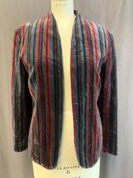 Womens, Blazer, TANJAY, Gray, Multi-color, Cotton, Rayon, Stripes - Vertical , B36, Velvet, No Closures, Stand Collar, Wrinkled From A Washing