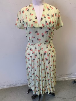 Womens, Dress, N/L MTO, Lt Yellow, Tomato Red, Charcoal Gray, Cotton, Floral, Dots, W:32, B:38, Made To Order, Lightweight/Sheer Batiste, S/S, V-Neck, Curved Waist Yoke with Pointed Details Under Bust, Gathered Waist, Knee Length, Invisible Zipper at Side