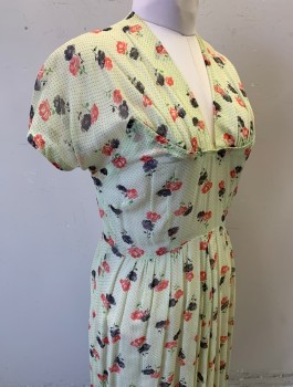 N/L MTO, Lt Yellow, Tomato Red, Charcoal Gray, Cotton, Floral, Dots, Made To Order, Lightweight/Sheer Batiste, S/S, V-Neck, Curved Waist Yoke with Pointed Details Under Bust, Gathered Waist, Knee Length, Invisible Zipper at Side