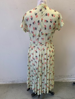 N/L MTO, Lt Yellow, Tomato Red, Charcoal Gray, Cotton, Floral, Dots, Made To Order, Lightweight/Sheer Batiste, S/S, V-Neck, Curved Waist Yoke with Pointed Details Under Bust, Gathered Waist, Knee Length, Invisible Zipper at Side