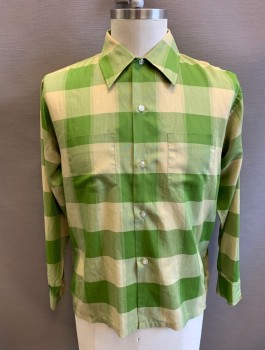 ROYAL KNIGHT, Lime Green, Sage Green, Poly/Cotton, Check , Early 1960's, L/S, Button Front, Collar Attached, 2 Patch Pockets