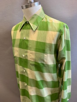 Mens, Casual Shirt, ROYAL KNIGHT, Lime Green, Sage Green, Poly/Cotton, Check , N:16, L, Early 1960's, L/S, Button Front, Collar Attached, 2 Patch Pockets
