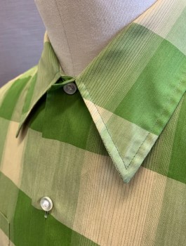 Mens, Casual Shirt, ROYAL KNIGHT, Lime Green, Sage Green, Poly/Cotton, Check , N:16, L, Early 1960's, L/S, Button Front, Collar Attached, 2 Patch Pockets