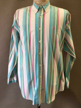 RALPH LAUREN, White, Bubble Gum Pink, Turquoise Blue, Mint Green, Yellow, Cotton, Stripes - Vertical , L/S, Button Front, Button Down Collar, No Pocket, Small Pink Embroidered Logo On Side Of Chest,