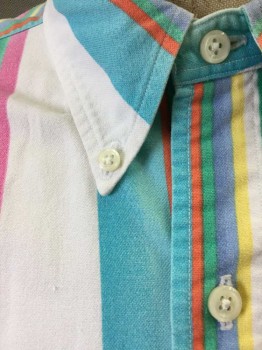 Mens, Shirt, RALPH LAUREN, White, Bubble Gum Pink, Turquoise Blue, Mint Green, Yellow, Cotton, Stripes - Vertical , L, L/S, Button Front, Button Down Collar, No Pocket, Small Pink Embroidered Logo On Side Of Chest,