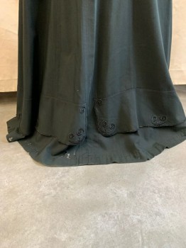 NL, Black, Synthetic, Solid, A-Line, Velvet Waistband, Panels on Lower Front with Spiral Cording, Hook & Eye Back, Inverted Pleat at Center Front, Pleated Back, Vertical Seam, Floor Length Hem *Distressed, Especially at Hem