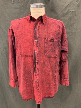 FRANK, Red, Black, Cotton, Acid Wash, Button Front, Collar Attached, 2 Pockets, Long Sleeves, Button Cuff,