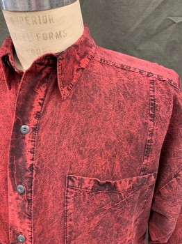 FRANK, Red, Black, Cotton, Acid Wash, Button Front, Collar Attached, 2 Pockets, Long Sleeves, Button Cuff,