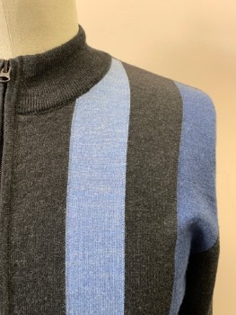 Mens, Cardigan Sweater, BACHRACH, Charcoal Gray, French Blue, Wool, Stripes, L, Mock Neck, Zip Front, Light Blue Stripes