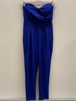 Womens, Jumpsuit, ALYTHEA, Royal Blue, Polyester, Solid, S, Strapless, 2' 1/2" Waistband, Pleats, Side Pockets, Zip Back