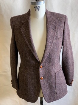 Mens, Blazer/Sport Co, SEBASTION'S CLOSET, Brown, Beige, Teal Blue, Wool, Herringbone, Tweed, 40R, Notched Lapel, 2 Button Single Breasted, 3 Pockets, Leather Buttons, Double Vent