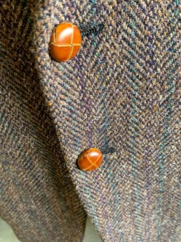 SEBASTION'S CLOSET, Brown, Beige, Teal Blue, Wool, Herringbone, Tweed, Notched Lapel, 2 Button Single Breasted, 3 Pockets, Leather Buttons, Double Vent