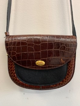 Womens, Purse, BALLY, Brown, Black, Leather, Reptile/Snakeskin, Color Blocking, Small Satchel, BALLY In A Gold Oval Medallion, Black Leather On Front And Back, Long Strap