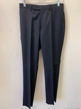 Mens, Suit, Pants, CALVIN KLEIN, Black, Wool, Stripes - Pin, I: 34", W:30", Flat Front, Button Tab, Belt Loops, 4 Pockets