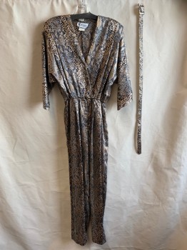Womens, Jumpsuit, RS DESIGNS, Black, Brown, Cream, Polyester, Reptile/Snakeskin, B:34, S, W20-28, L/S, Surplice V-Neck, Pleated, Elastic Waistband, Zip Fly, ***Matching Belt