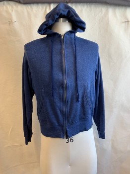 Mens, Sweater, N/L, Dk Blue, Cotton, Heathered, S, HOODIE, Zip Front, 2 Pockets, Drawstring at Hoodie *Aged/Distressed*