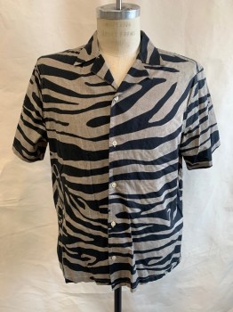 Mens, Casual Shirt, ALL SAINTS, Black, Olive Green, Cotton, Animal Print, Faded, M, S/S, Button Front, Relaxed Fit, Zebra Print