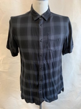 Mens, Casual Shirt, ALL SAINTS, Black, Dk Gray, Lyocell, Check , L, S/S, Button Front, Chest Pocket, Cuffed Sleeves