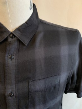 Mens, Casual Shirt, ALL SAINTS, Black, Dk Gray, Lyocell, Check , L, S/S, Button Front, Chest Pocket, Cuffed Sleeves